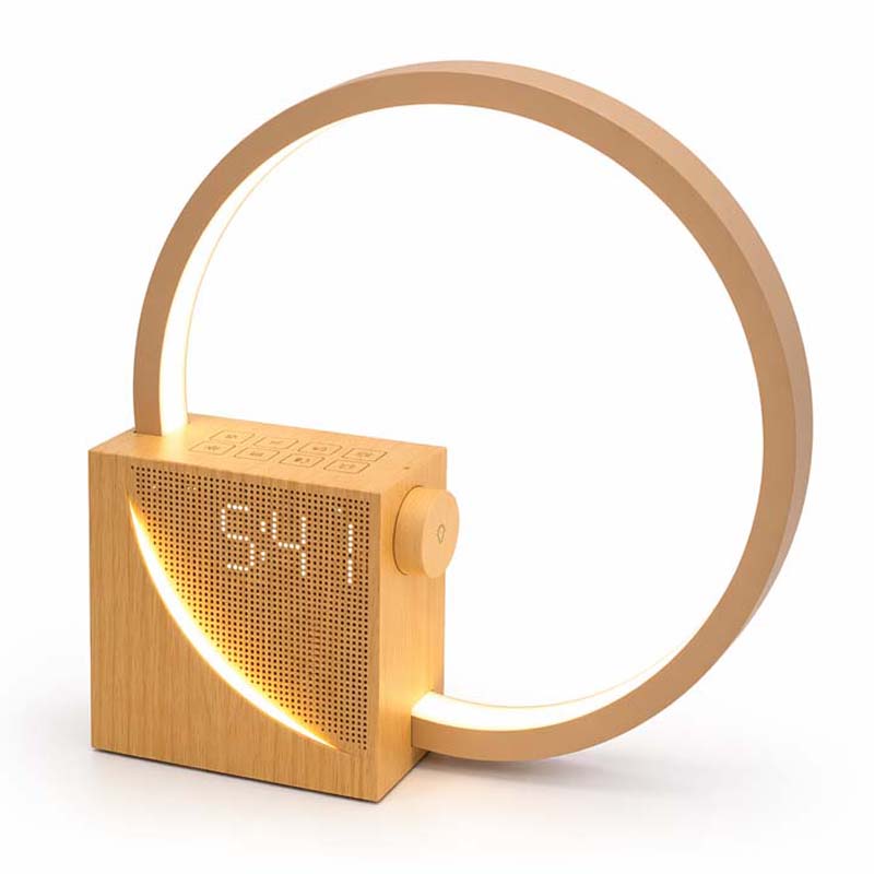 Modern wake up light sunrise alarm clock with adjustable handle design, warm ambient night light, soft LED lighting, and minimalist bedside style