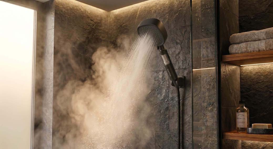 Handheld shower head in a steamy shower with stone walls and towels.