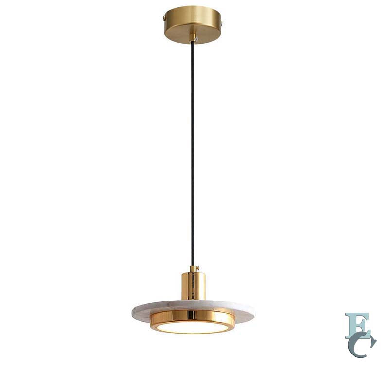 Modern pendant light with gold fixture and white shade on a white background