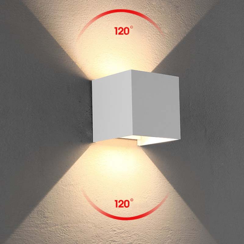 Square wall light fixture on a textured wall with 120-degree angle indication.