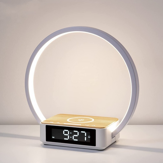 Bedside lamp with alarm clock and wireless charging