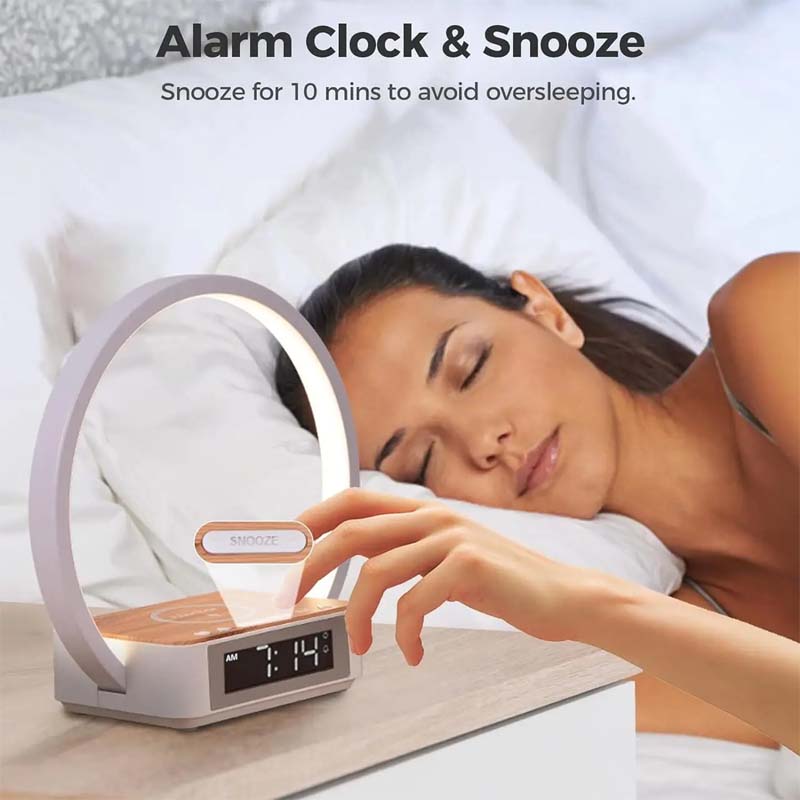 Bedside lamp with alarm clock and wireless charging