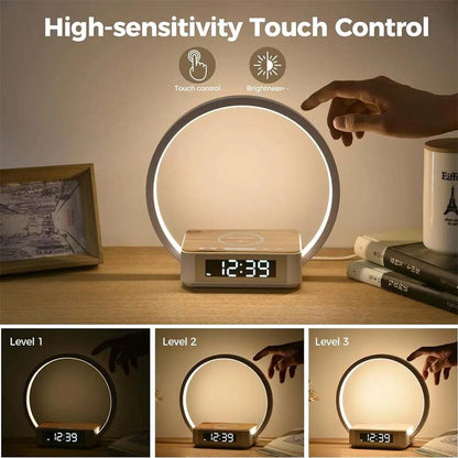Bedside lamp with alarm clock and wireless charging