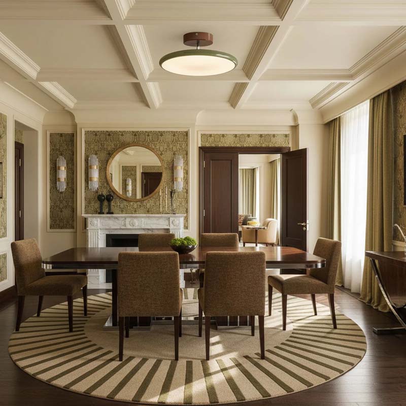 Adjustable Ceiling Light Pivot in Dining Room with Round Table and Chairs, Striped Rug and Decorative Elements.