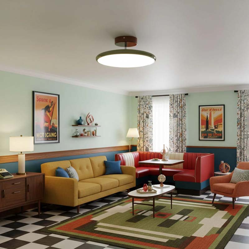 Adjustable Ceiling Light Pivot in Living Room with Yellow Sofa, Red Sofa, and Colorful Rug.