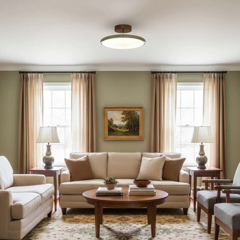Adjustable Ceiling Light Pivot in Living room with beige sofa, armchair and coffee table in home setting.