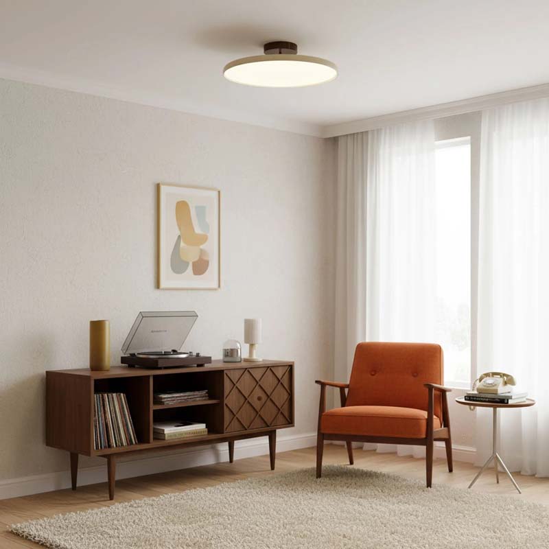 Adjustable Ceiling Light Pivot in Living Room with Wooden Cabinet, Orange Armchair