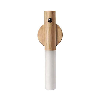 Ash wood wireless LED wall light with PIR motion sensor for indoor hallway, bedroom, closet, and stair lighting