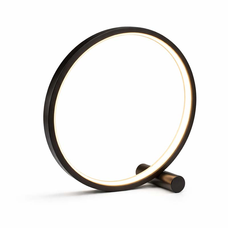 Circular light fixture with black frame and white interior on a white background