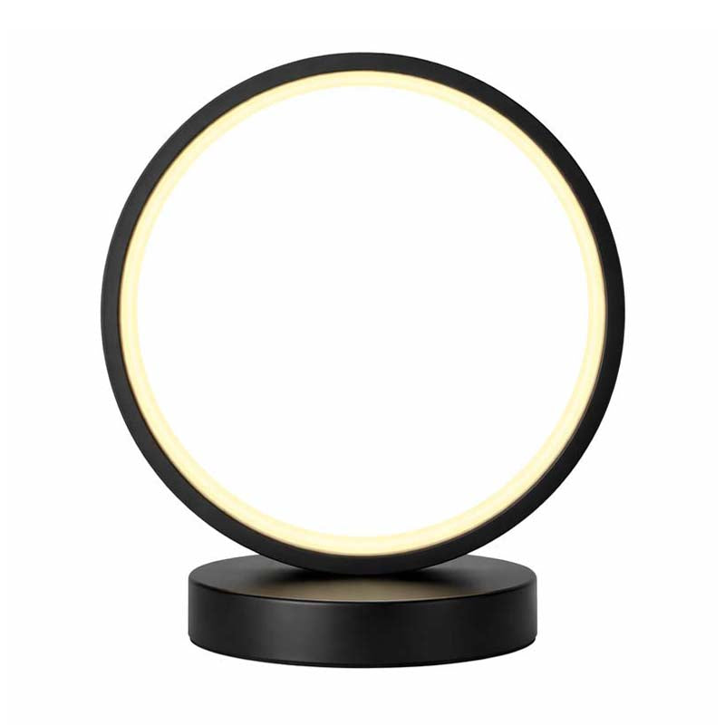 Modern black LED ring table lamp on white background