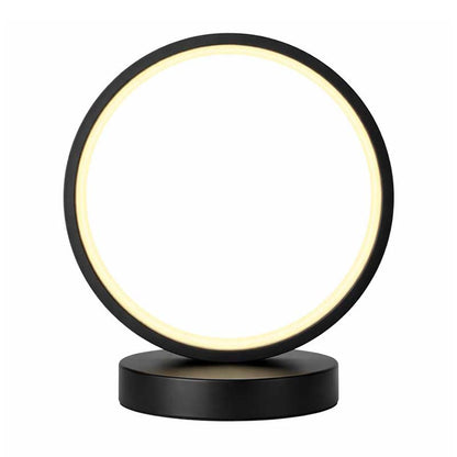 Modern black LED ring table lamp on white background