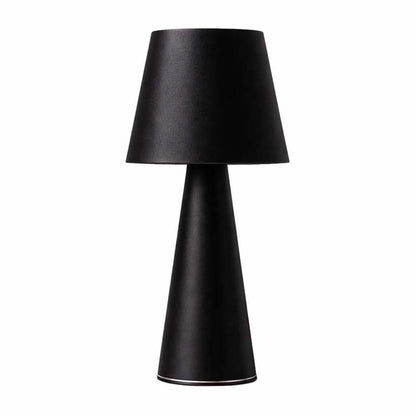 Black table lamp with a cone-shaped shade on a white background