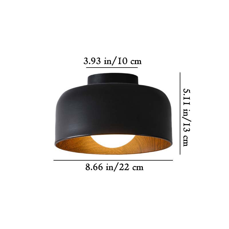 Black ceiling light fixture with measurements on a white background