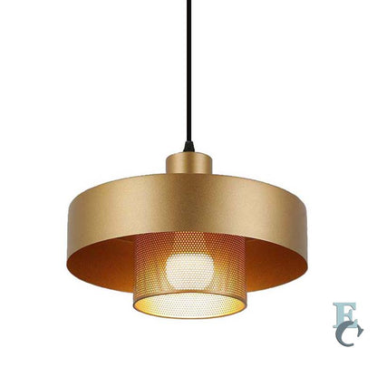 Gold pendant light with a textured mesh design on a white background