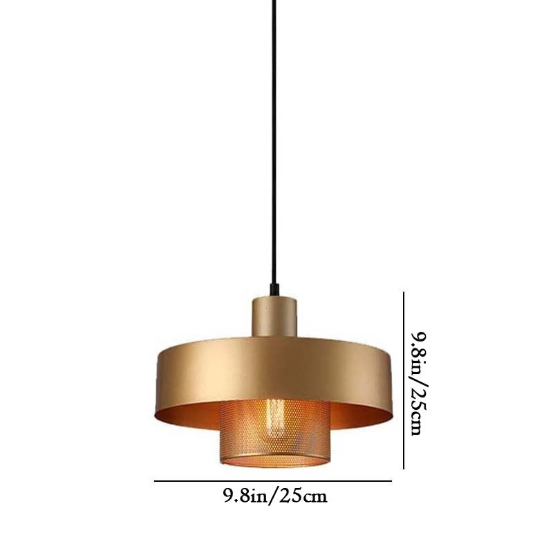 Gold pendant light with dimensions indicated on a white background