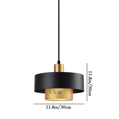 Black & Gold Pendant Light with dimensions on a white background