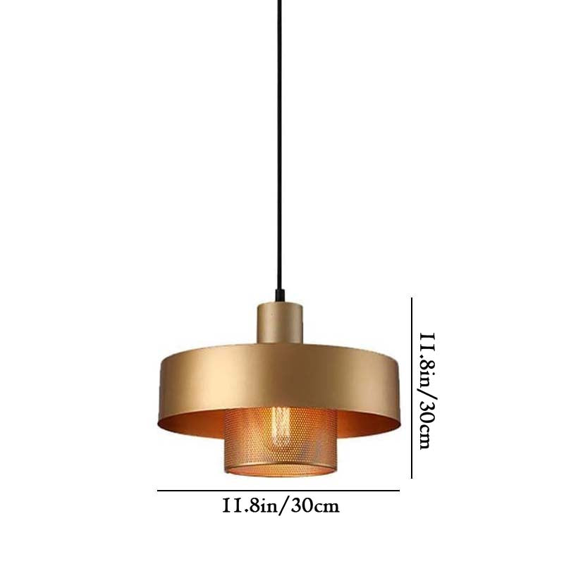 Gold pendant light with dimensions on a white background