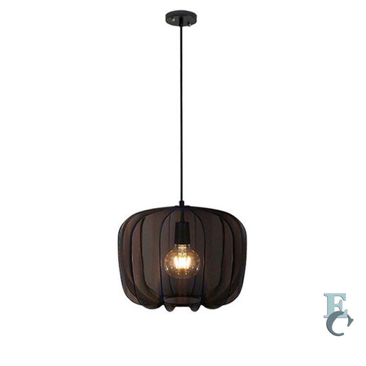 Black pendant light with a visible bulb on a white background