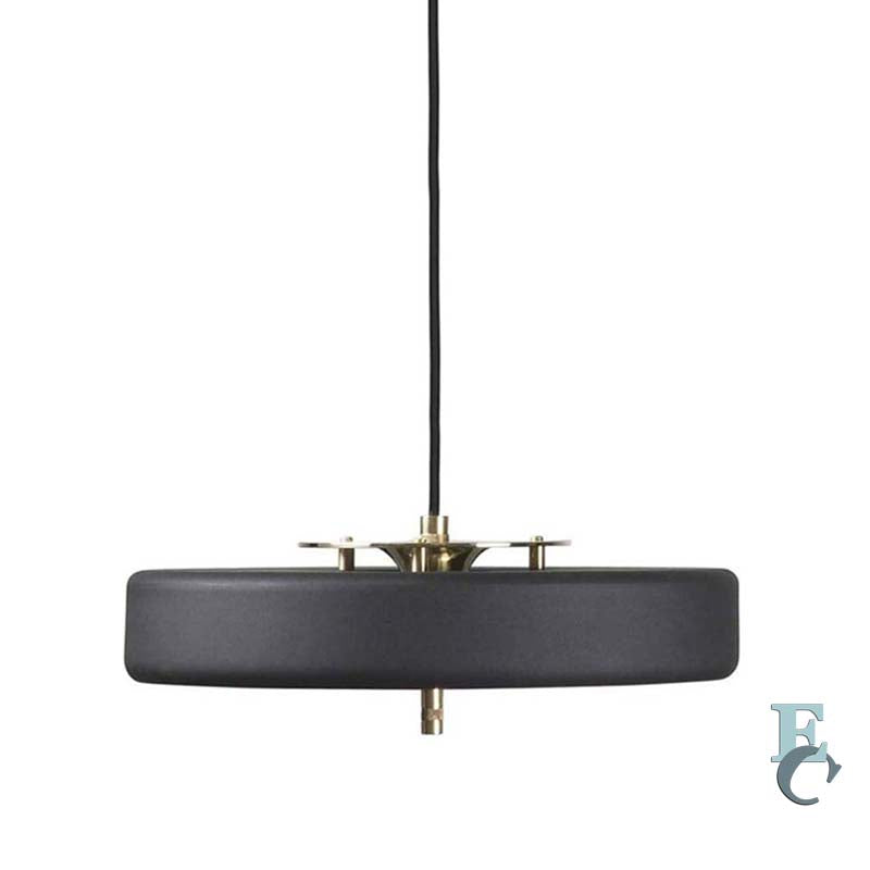 Black pendant light with brass accents on a white background