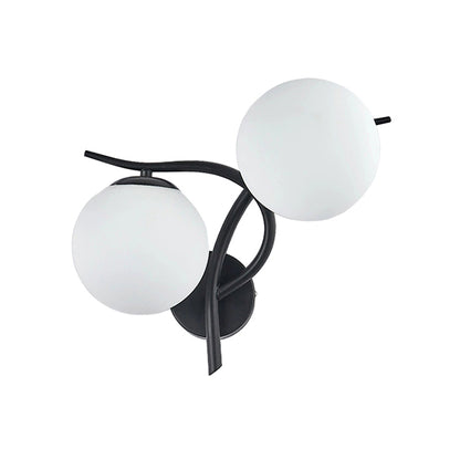 Wall-mounted lamp with two spherical glass shades on a white background
