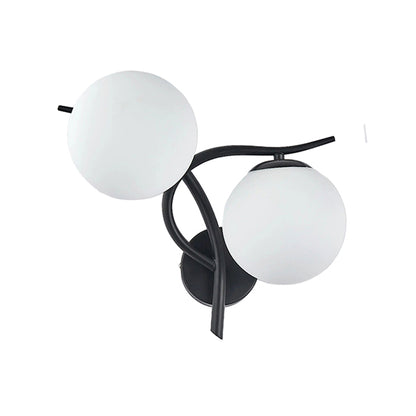 Wall-mounted light fixture with two spherical glass shades on a white background