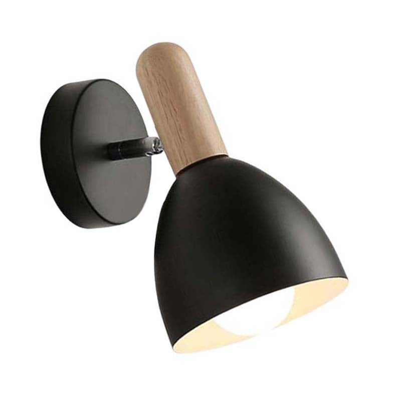 Wall-mounted lamp with black shade and wooden arm on a white background