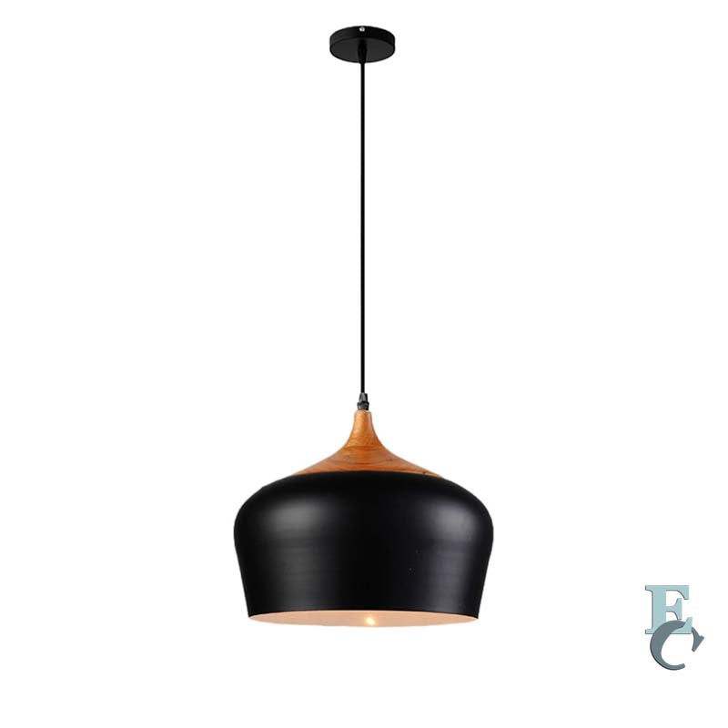 Black pendant light with wooden accent on a white background