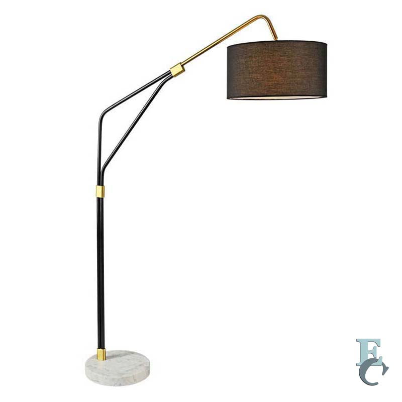 Floor lamp with black shade and marble base on a white background