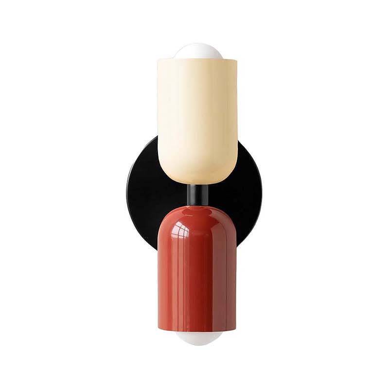 Modern wall sconce with black, red, and beige design on a white background