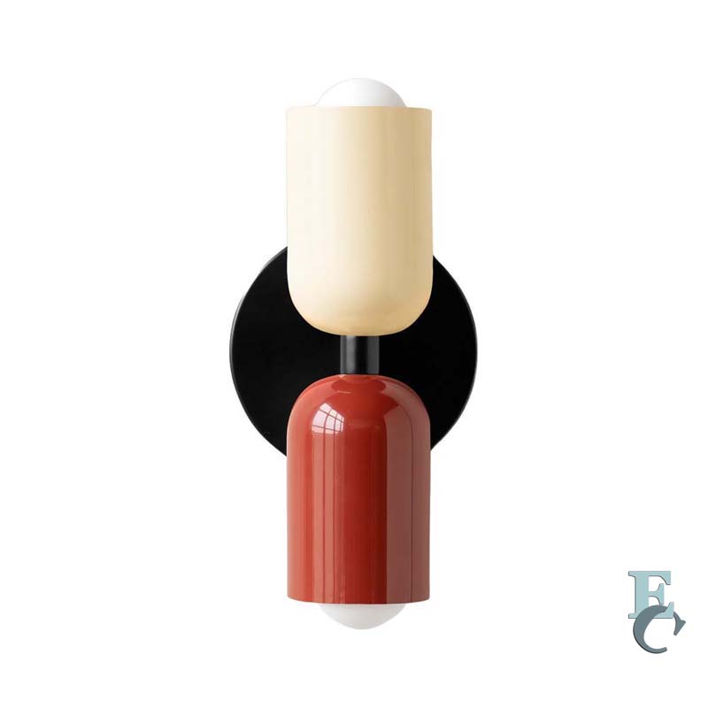 Modern wall sconce with black, red, and beige design on a white background