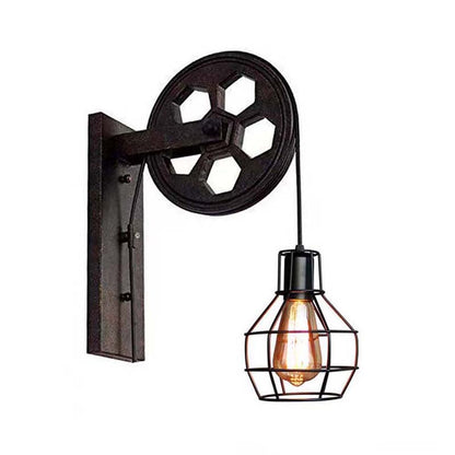 Wall-mounted industrial-style light fixture with a pulley design on a white background