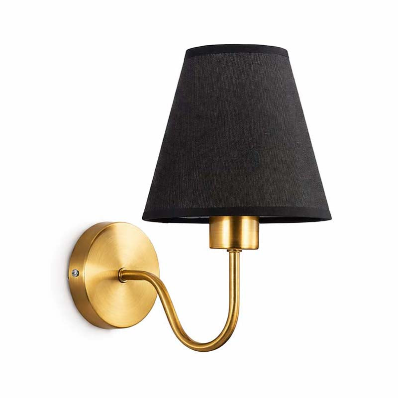 Wall-mounted lamp with black shade and gold arm on a white background