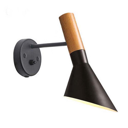 Wall-mounted lamp with black shade and wooden accent on a white background