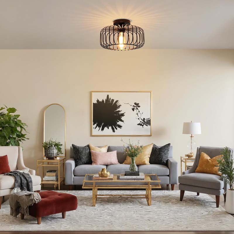Black metal ceiling light above a sofa with two armchairs in a bright living room
