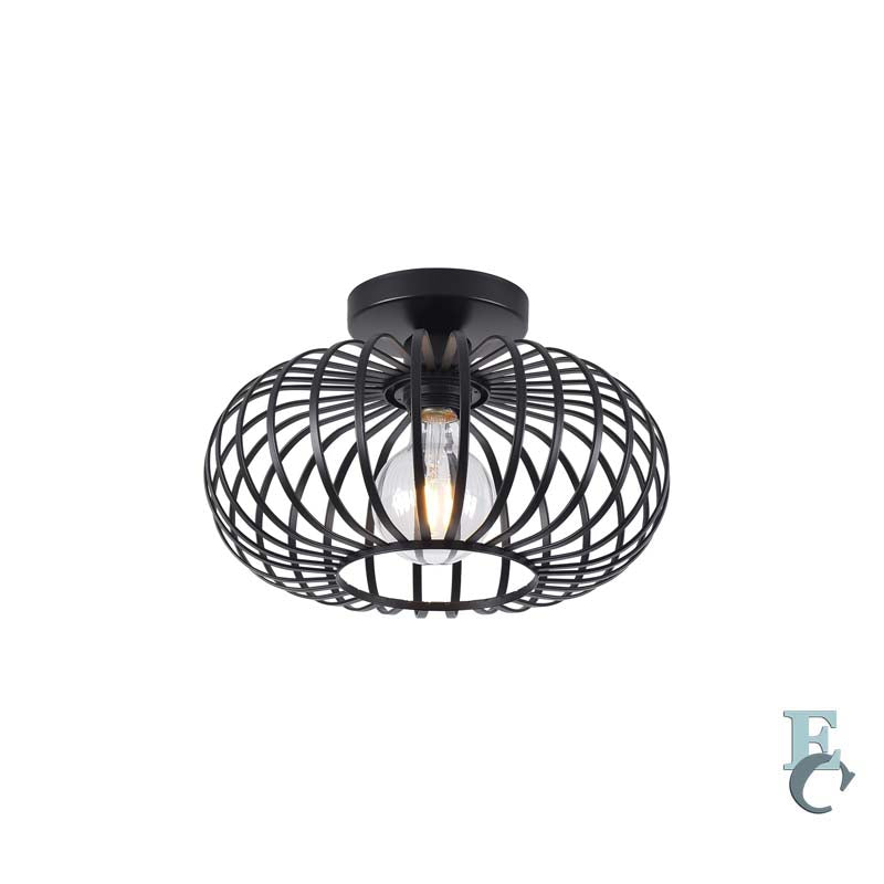 Black metal ceiling light with round trim on white background, Model A