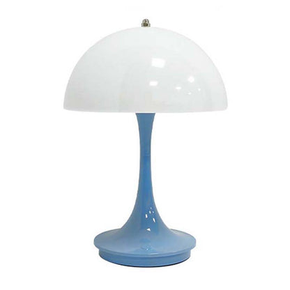 Table lamp with white shade and blue base on a white background