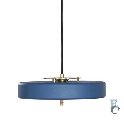 Blue pendant light with brass accents on a white background