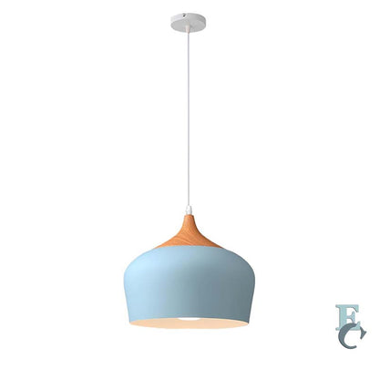 Pendant light with blue shade and wooden base on a white background