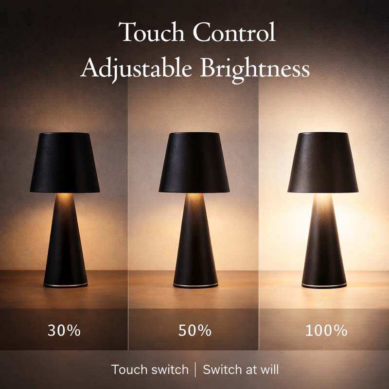 Black table lamp with adjustable brightness shown at 30%, 50%, and 100% on a dark background.