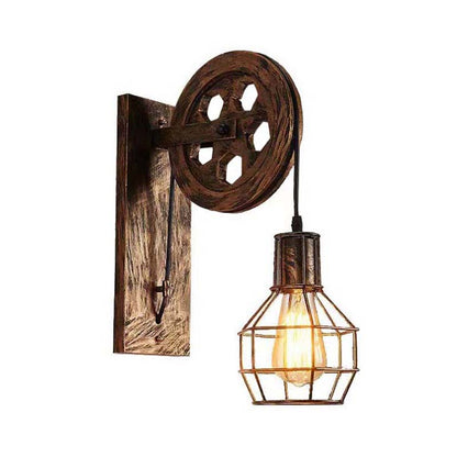 Vintage-style wall lamp with wooden pulley design on a white background