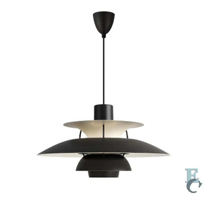 Modern pendant light with black and gold design on a white background