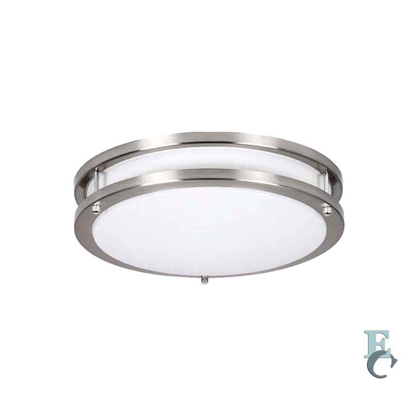 Ceiling light fixture with white glass shade and silver metal frame on a white background