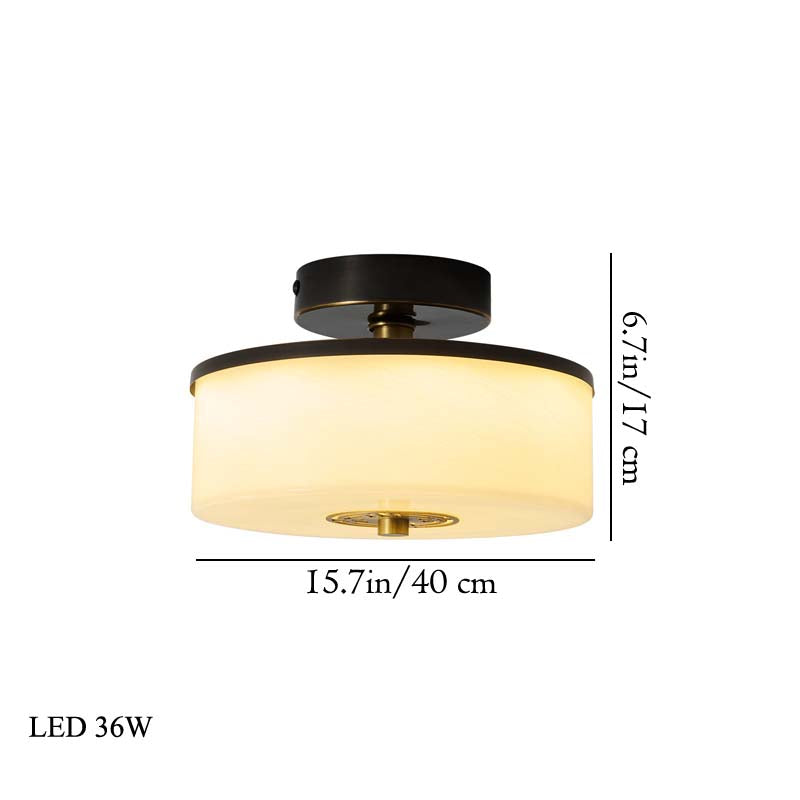 Ceiling light fixture with dimensions and LED power rating on a white background