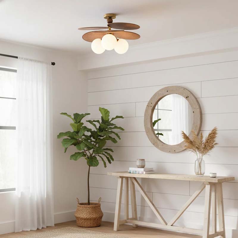 Ceiling light with wooden blades in a bright interior