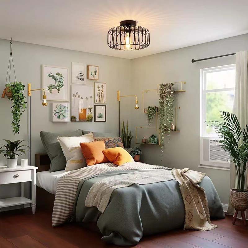 Ceiling pendant light in a cozy bedroom with plants.
