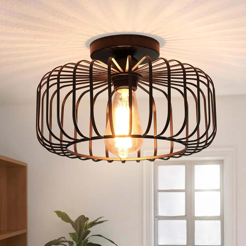 Ceiling pendant light with a metal frame.