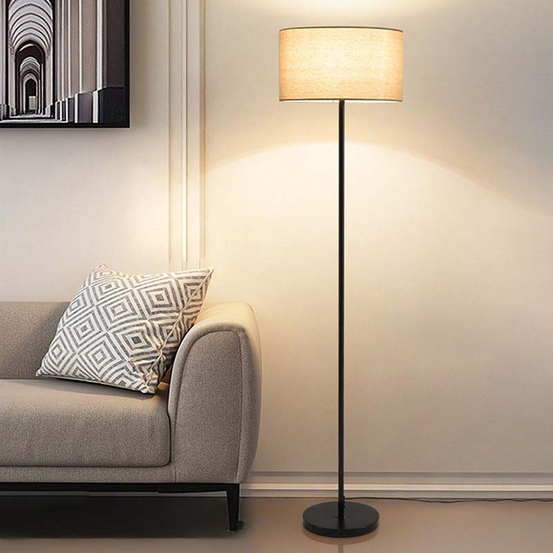 Floor lamp next to a gray sofa with a patterned pillow in a living room setting.