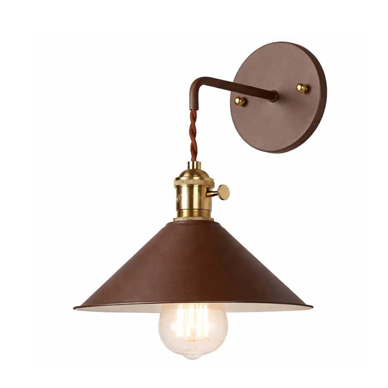 Brown wall sconce with a visible light bulb on a white background