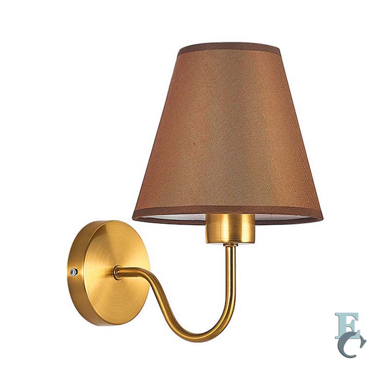 Wall-mounted lamp with gold fixture and brown shade on a white background
