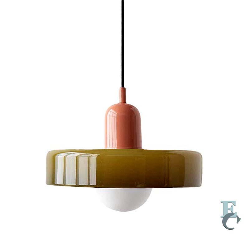 Pendant light with a brown base and pink top on a white background